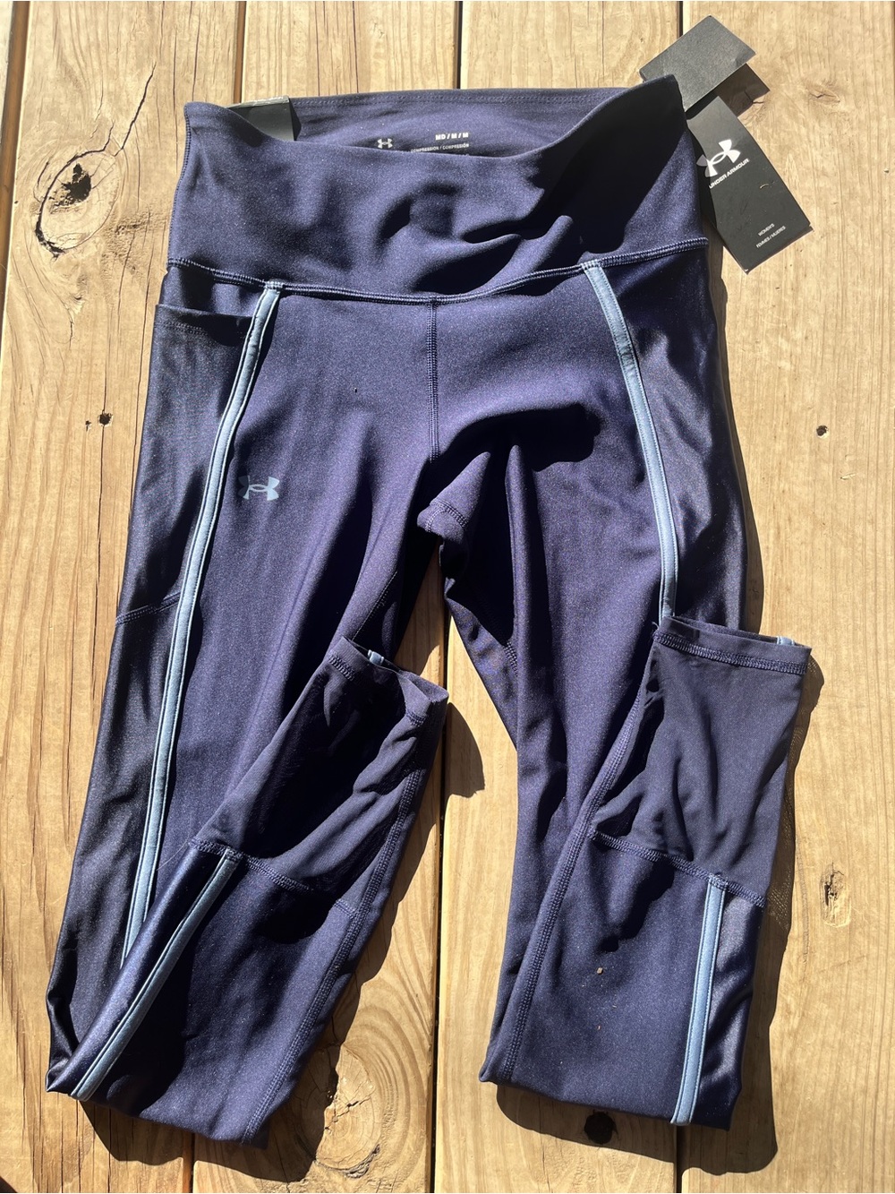 Under Armour Navy Blue Athletic Leggings with Light Blue Piping